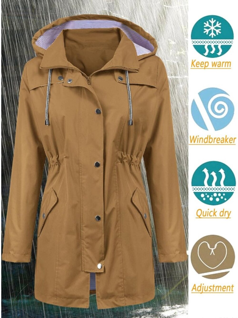 〽️Women's Long Brown Raincoat Waterproof Hooded Lightweight Windbreaker Coat - Picture 2 of 5